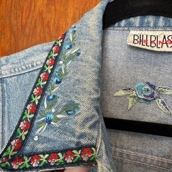Vintage 90s Bill Blass Embroidered Floral Rhinestone Denim Vest M Cottage Garden - Picture 7 of 13